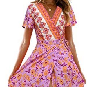 Bohemian Floral Printed Wrap V Neck Short Sleeve